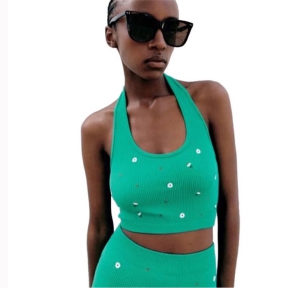 Zara Halter Crop Top Floral Ribbed Embroidered Shirt Green Size Medium Large - Picture 1 of 8
